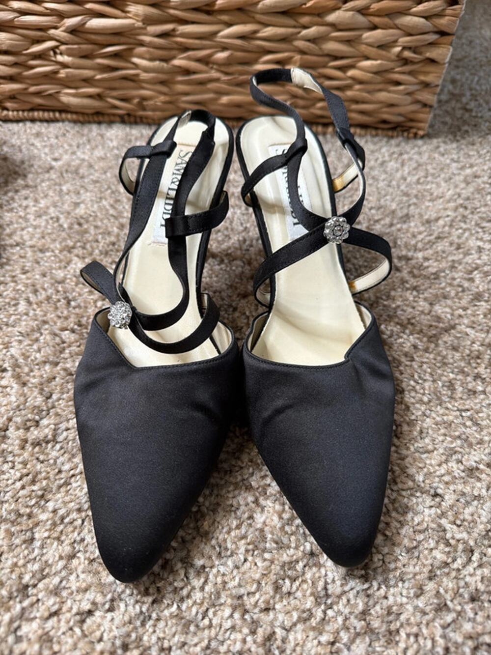 Sam and Libby rhinestone embellished black satin shoes, 10 EUC 344
